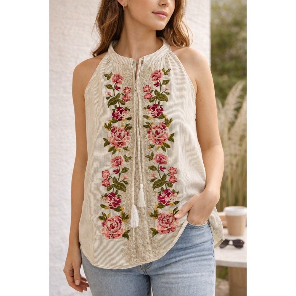 Savanna Jane Floral Embroidered Sleeveless Halter‎ Top Womens L Boho Spring